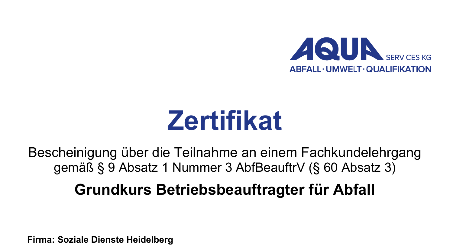 Originalausschnitt des Fachkundezertifikats für Soziale Dienste Heidelberg